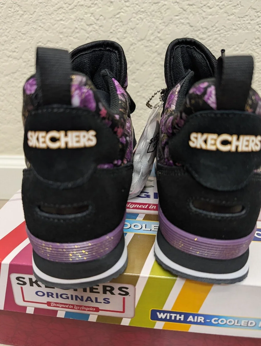 Skechers Original OG Hollywood Rose Black Purple Floral Platform Sneakers 7.5